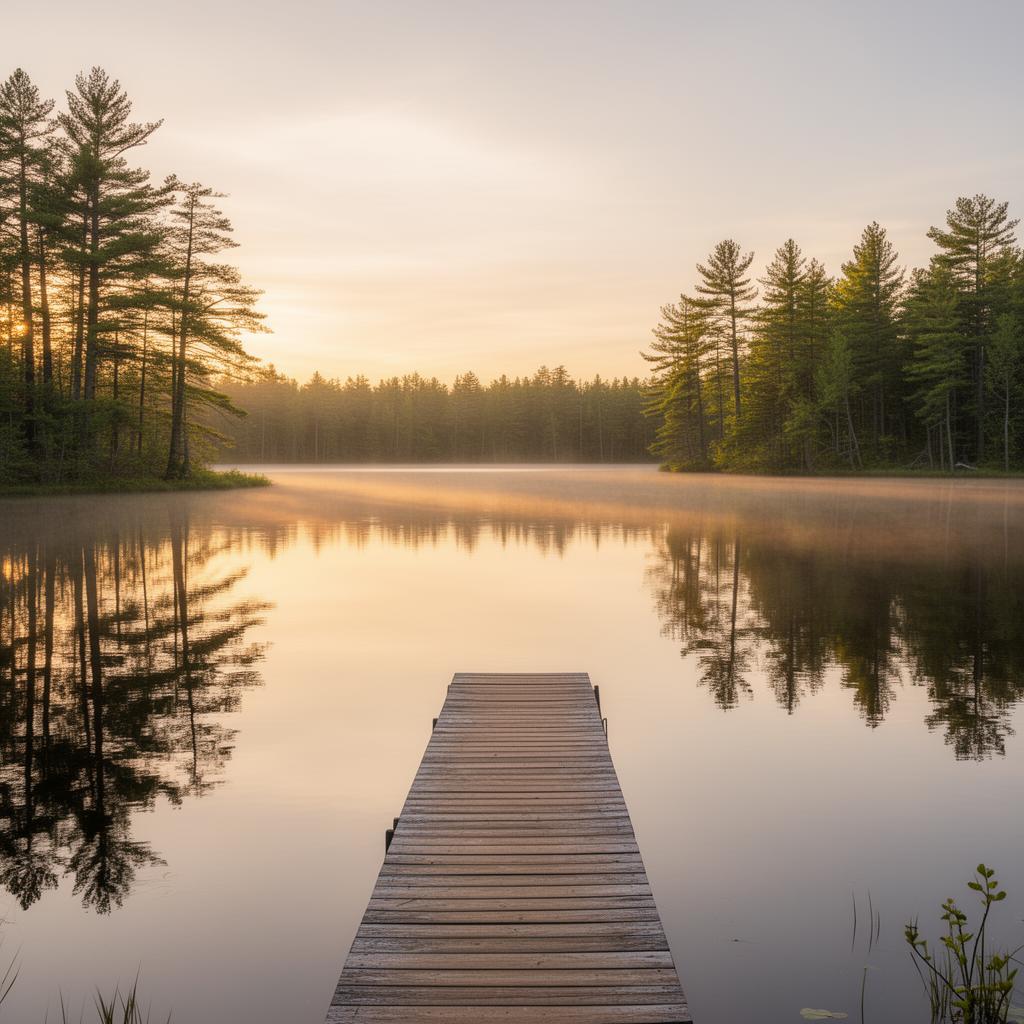 A quiet Minnesota lake at sunrise with a wooden dock and pine trees
