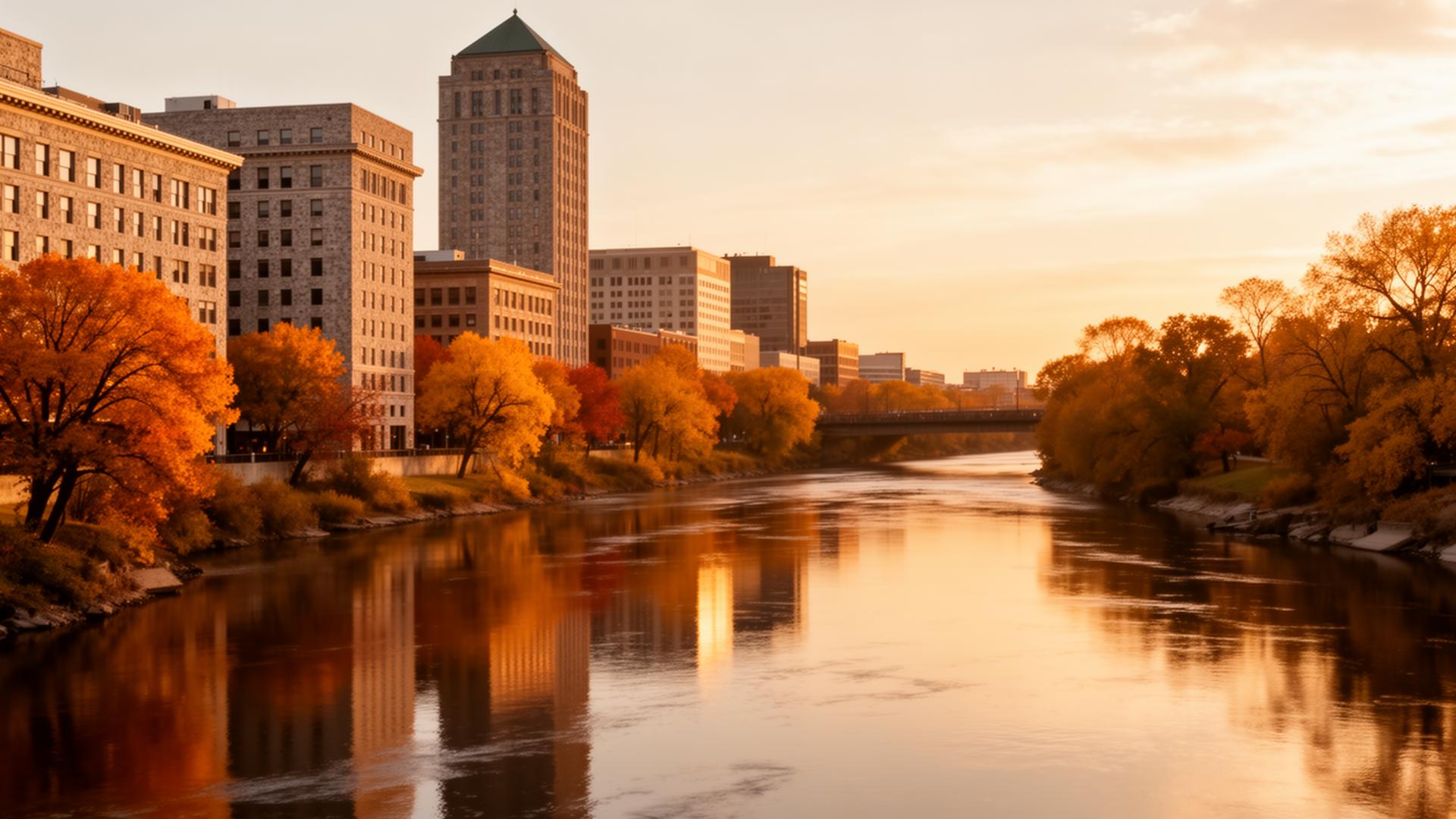 The Mississippi River at golden hour in downtown Saint Cloud, Minnesota